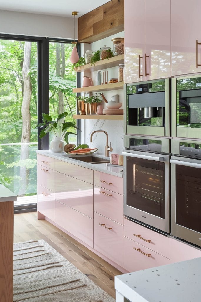 A sleek streamlined modern kitchen with pink cabinets, white countertops, and stainless-steel appliances. The design emphasizes clean lines and functionality with open shelving.