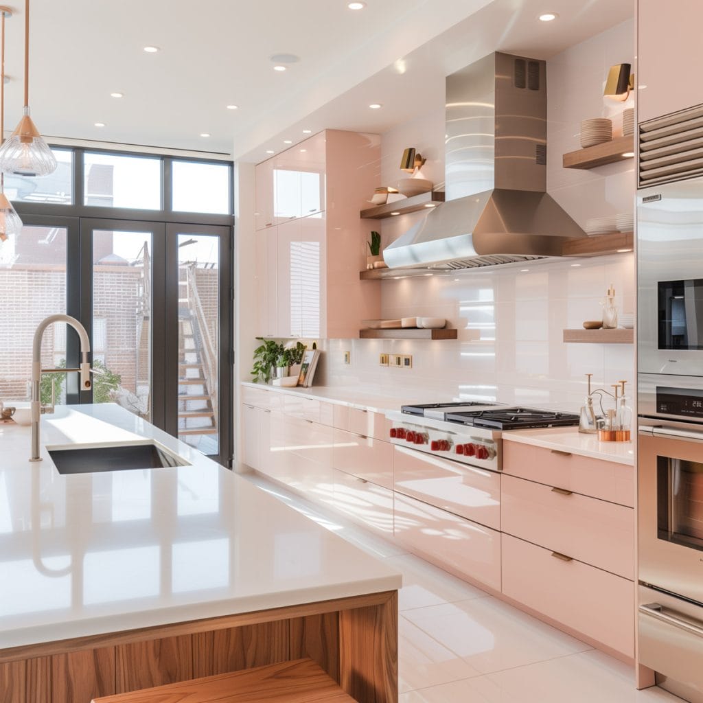 A sleek streamlined modern kitchen with pink cabinets, white countertops, and stainless-steel appliances. The design emphasizes clean lines and functionality with open shelving.