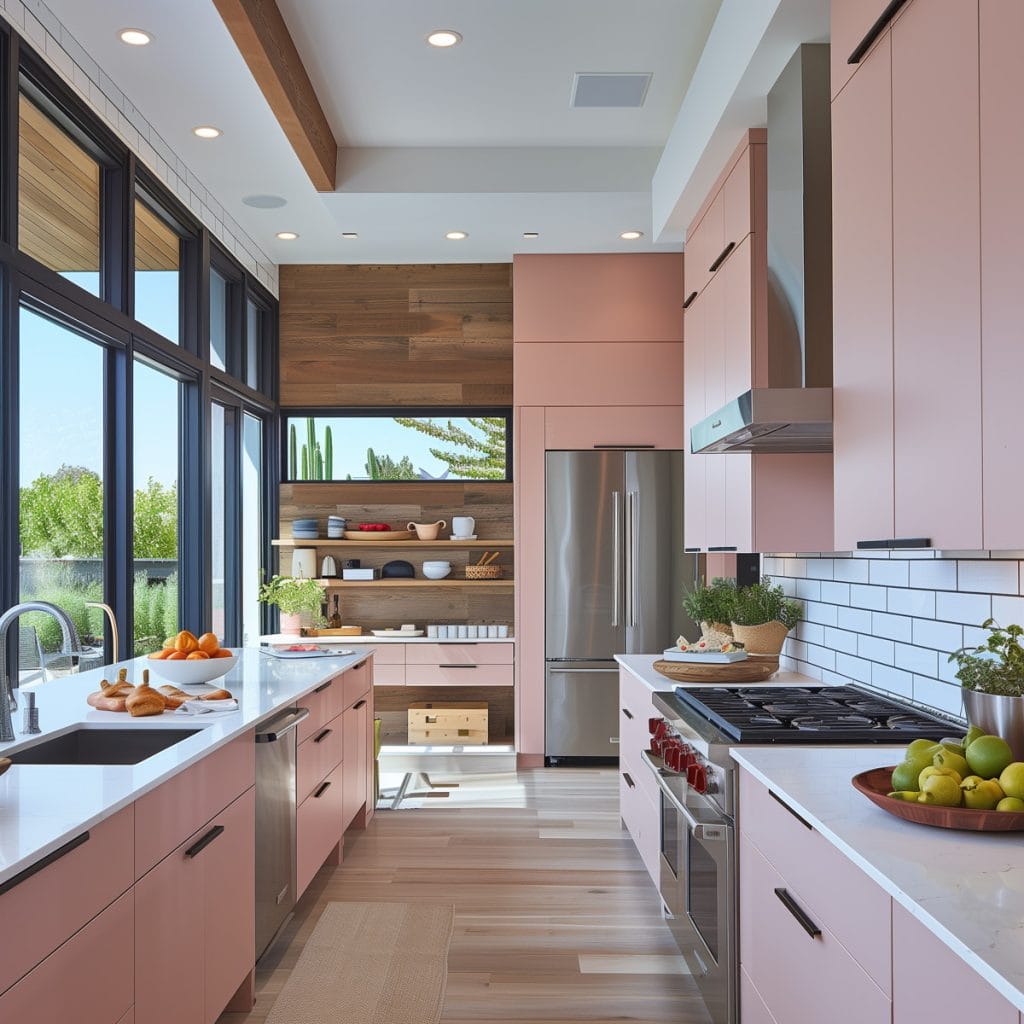 A sleek streamlined modern kitchen with pink cabinets, white countertops, and stainless-steel appliances. The design emphasizes clean lines and functionality with open shelving.