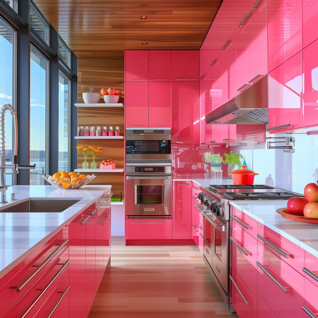 A sleek streamlined modern kitchen with pink cabinets, white countertops, and stainless-steel appliances. The design emphasizes clean lines and functionality with open shelving.