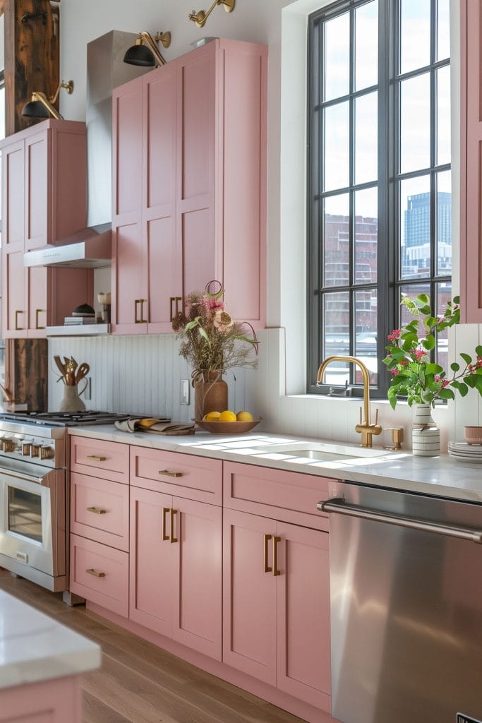 A sleek streamlined modern kitchen with pink cabinets, white countertops, and stainless-steel appliances. The design emphasizes clean lines and functionality with open shelving.