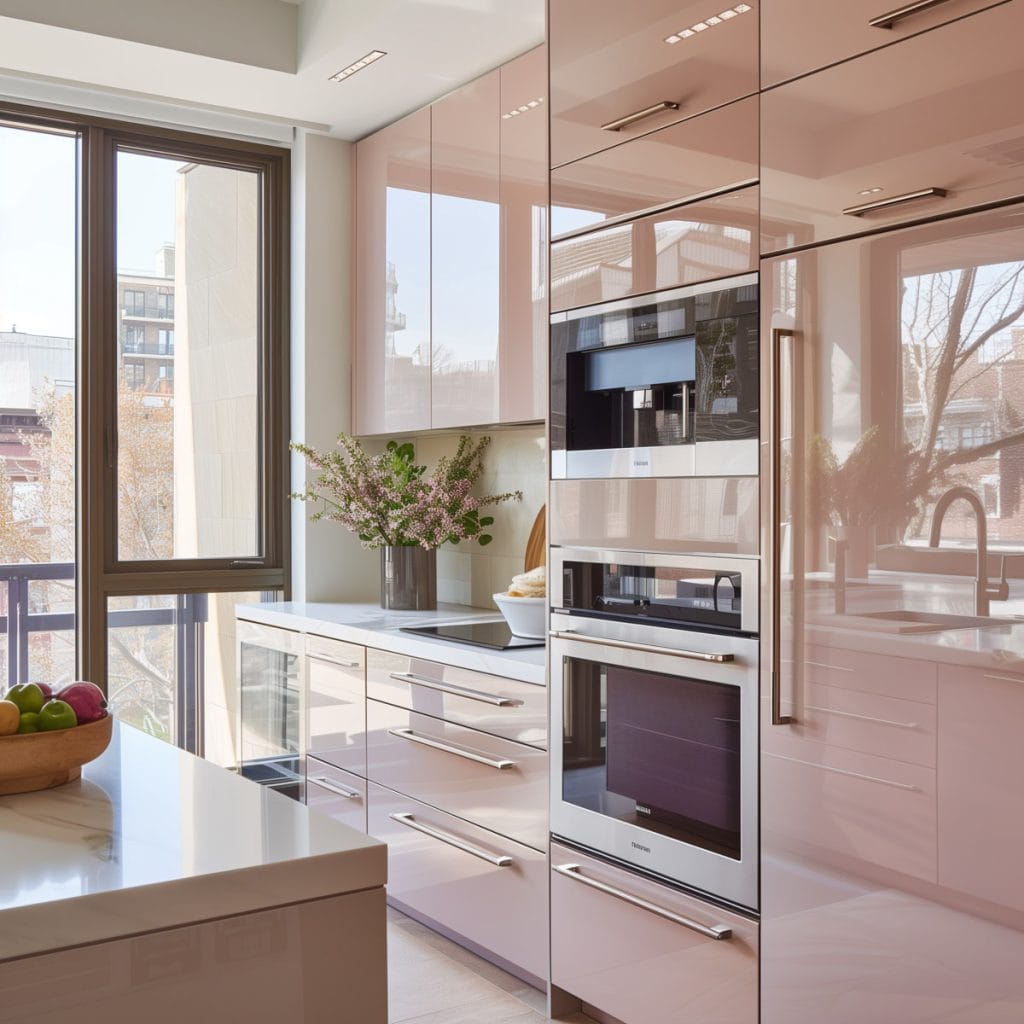 A sleek streamlined modern kitchen with pink cabinets, white countertops, and stainless-steel appliances. 