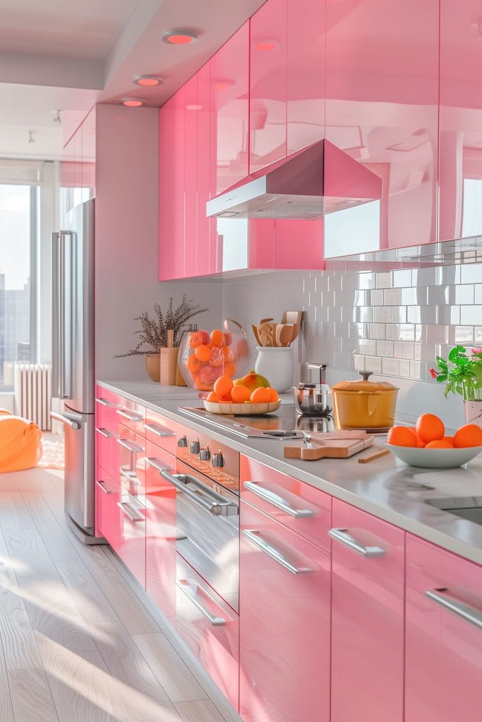 A sleek streamlined modern kitchen with pink cabinets, white countertops, and stainless-steel appliances. The design emphasizes clean lines.