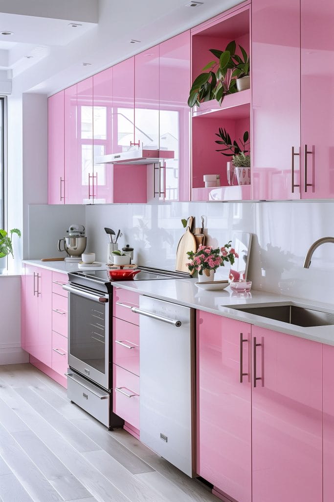 A sleek streamlined modern kitchen with pink cabinets, white countertops, and stainless-steel appliances. The design emphasizes clean lines and functionality with open shelving.