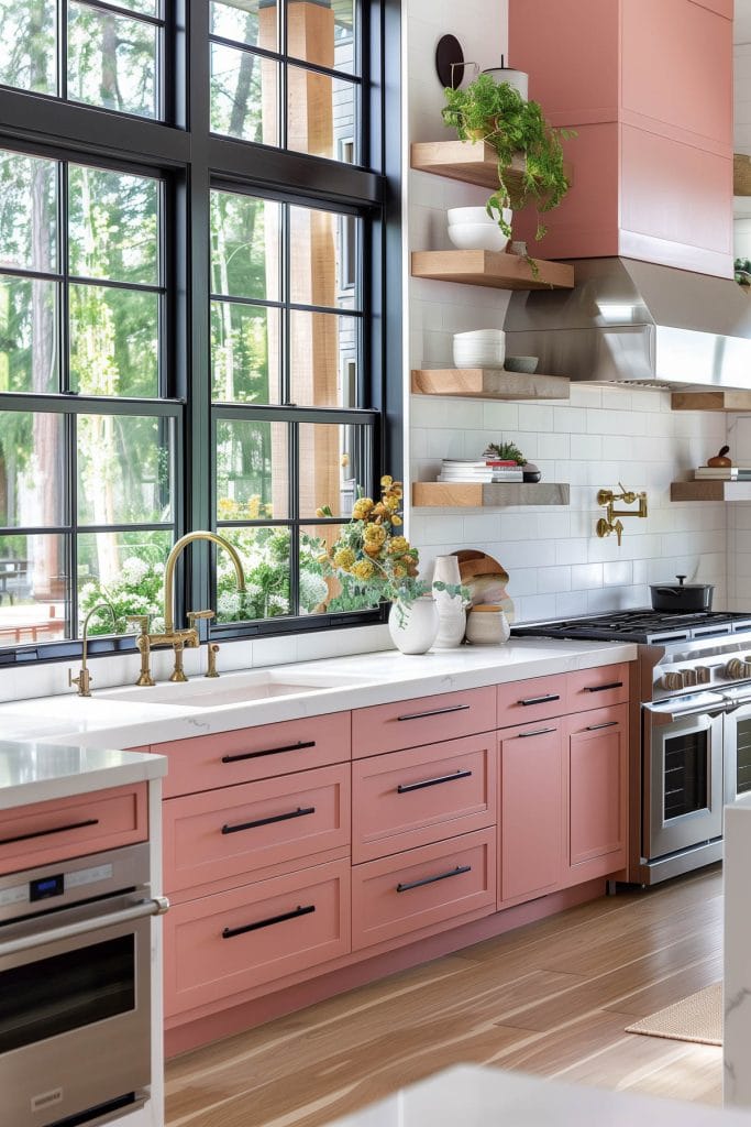 A sleek streamlined modern kitchen with pink cabinets, white countertops, and stainless-steel appliances. The design emphasizes clean lines and functionality with open shelving.