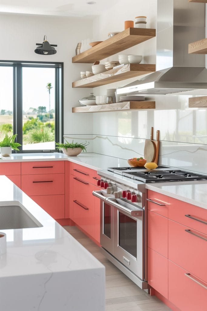 A sleek streamlined modern kitchen with pink cabinets, white countertops, and stainless-steel appliances. The design emphasizes clean lines and functionality with open shelving.