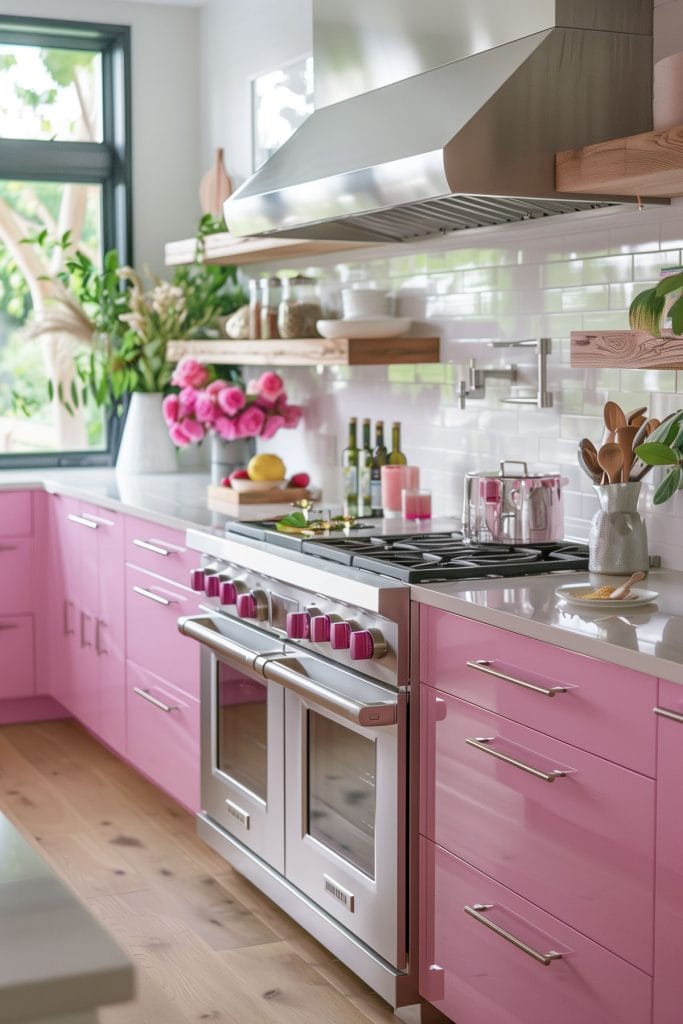 A sleek streamlined modern kitchen with pink cabinets, white countertops, and stainless-steel appliances. The design emphasizes clean lines and functionality with open shelving.