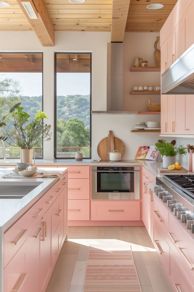 A sleek streamlined modern kitchen with pink cabinets, white countertops, and stainless-steel appliances. The design emphasizes clean lines and functionality with open shelving.