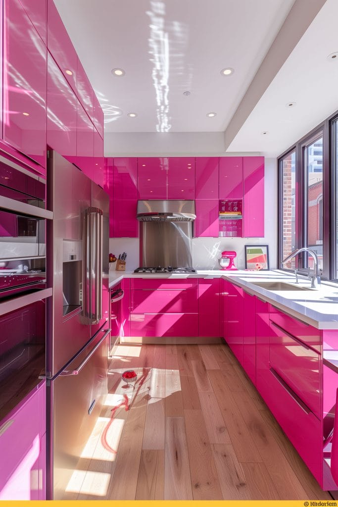 A sleek streamlined modern kitchen with pink cabinets, white countertops, and stainless-steel appliances. The design emphasizes clean lines and functionality with open shelving.