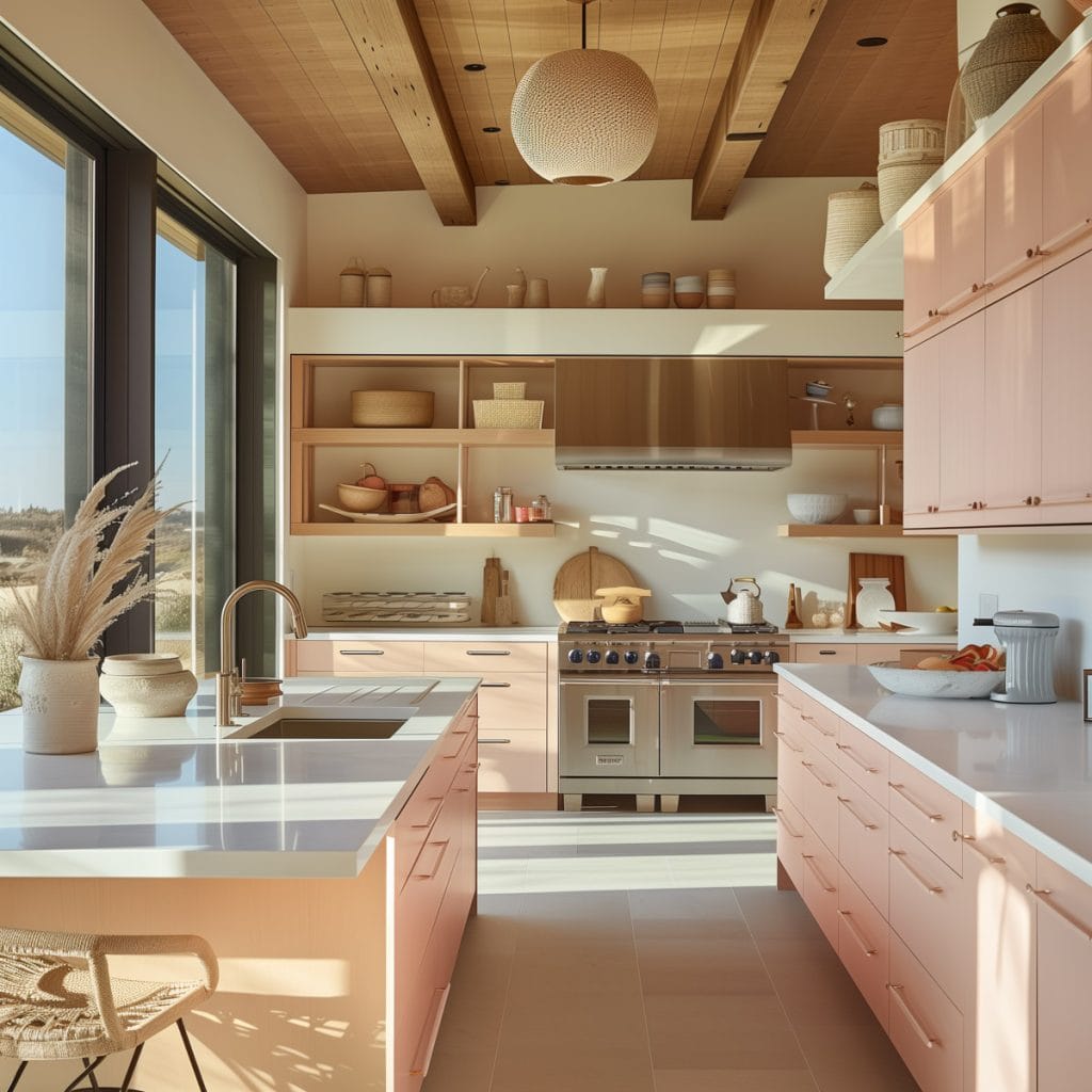 A sleek streamlined modern kitchen with pink cabinets, white countertops, and stainless-steel appliances. The design emphasizes clean lines and functionality with open shelving.