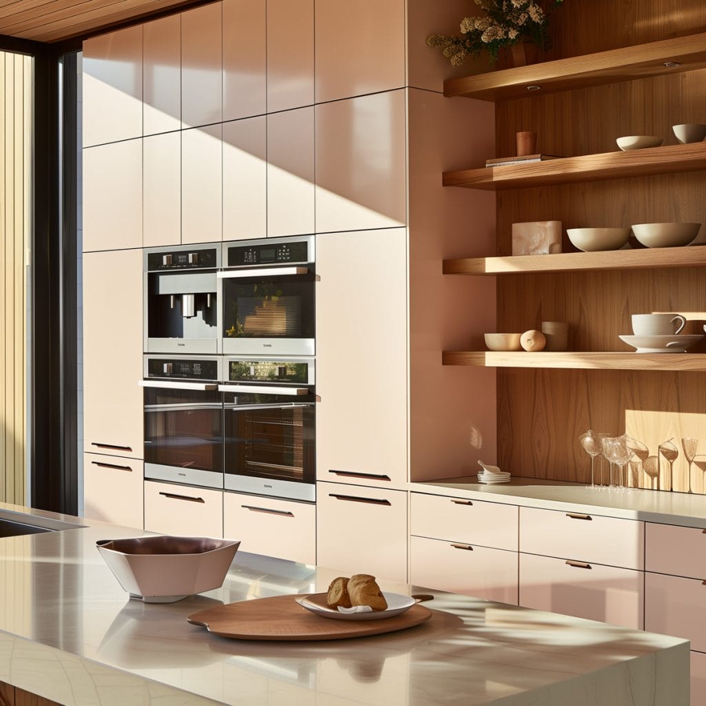 A sleek streamlined modern kitchen with pink cabinets, white countertops, and stainless-steel appliances. The design emphasizes clean lines and functionality with open shelving.