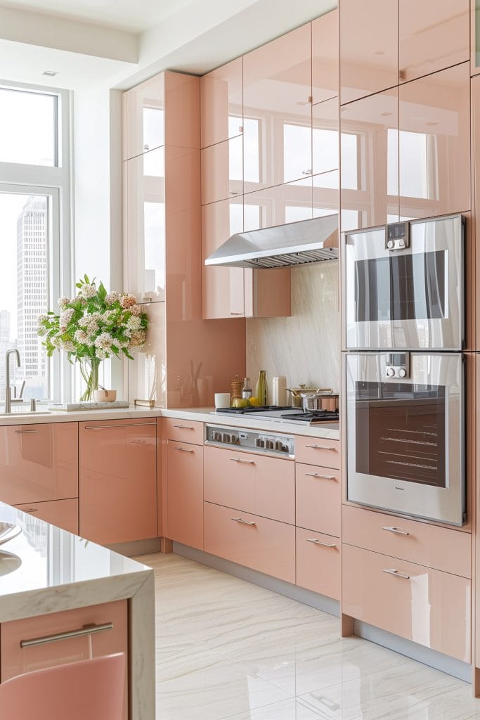 A sleek streamlined modern kitchen with pink cabinets, white countertops, and stainless-steel appliances. The design emphasizes clean lines.