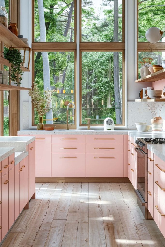 A sleek streamlined modern kitchen with pink cabinets, white countertops, and stainless-steel appliances. The design emphasizes clean lines and functionality with open shelving.