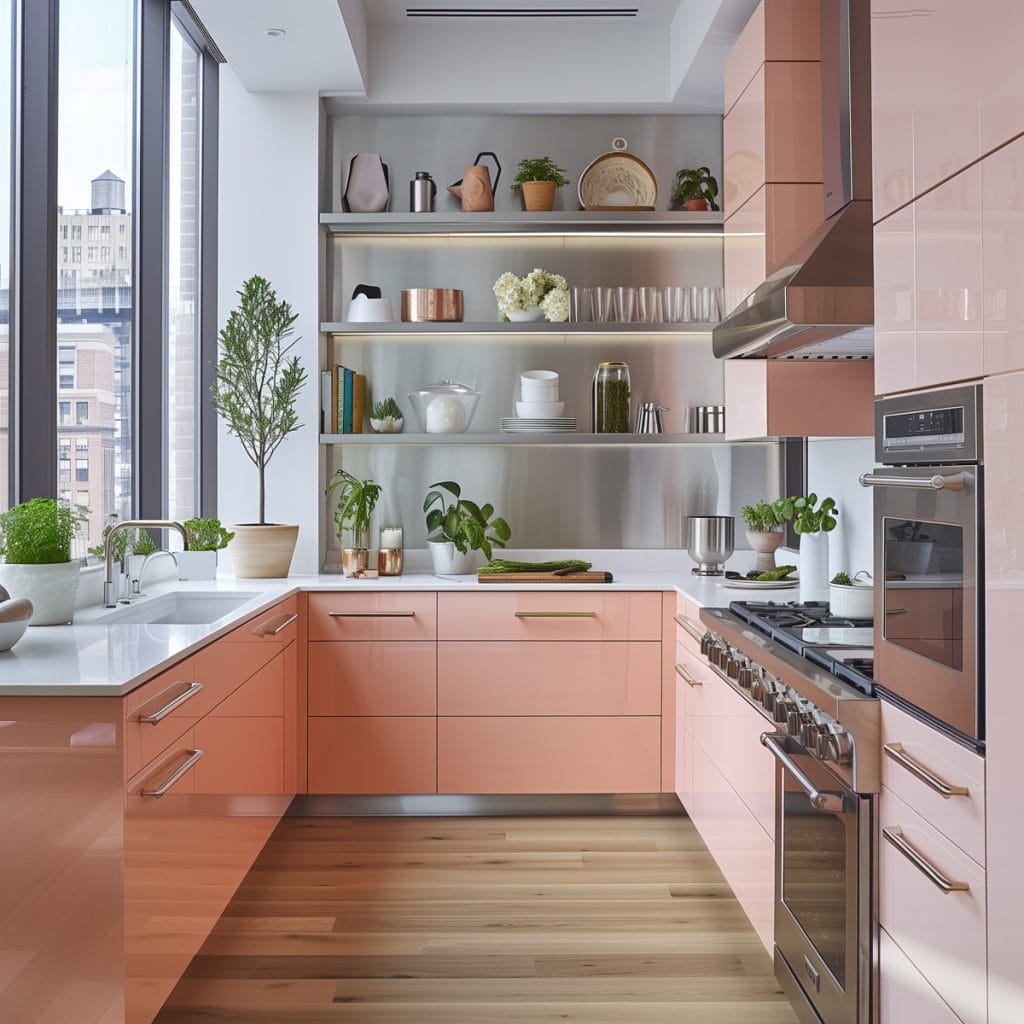 A sleek streamlined modern kitchen with pink cabinets, white countertops, and stainless-steel appliances. The design emphasizes clean lines and functionality with open shelving.