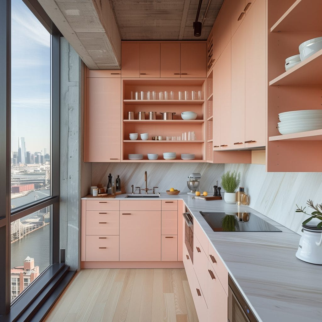 A sleek streamlined modern kitchen with pink cabinets, white countertops, and stainless-steel appliances. The design emphasizes clean lines and functionality with open shelving.