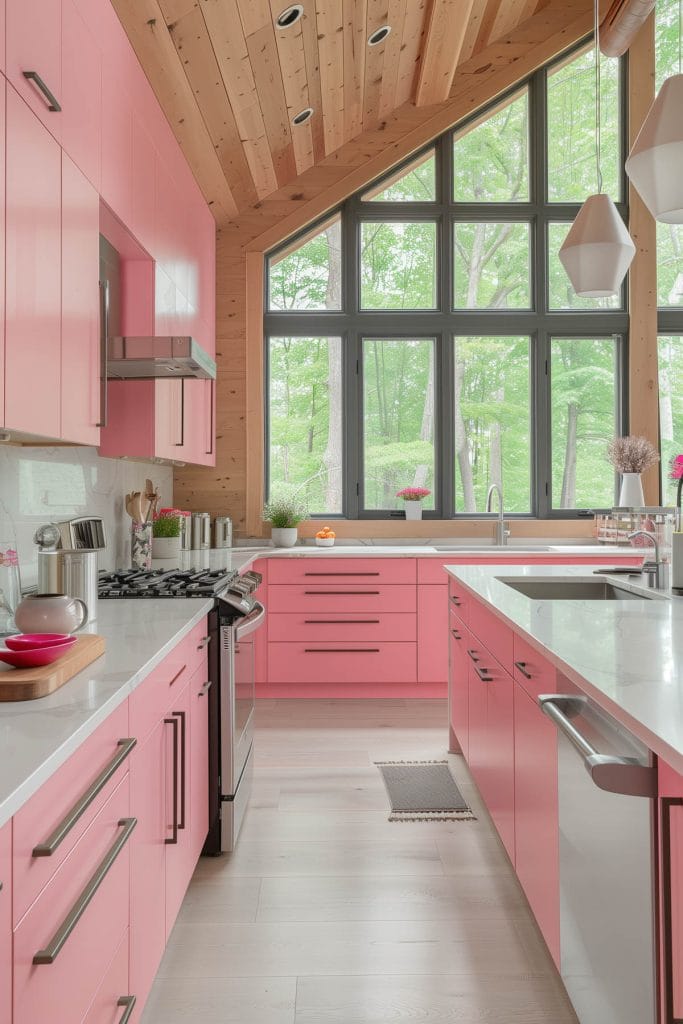 A sleek streamlined modern kitchen with pink cabinets, white countertops, and stainless-steel appliances. The design emphasizes clean lines.