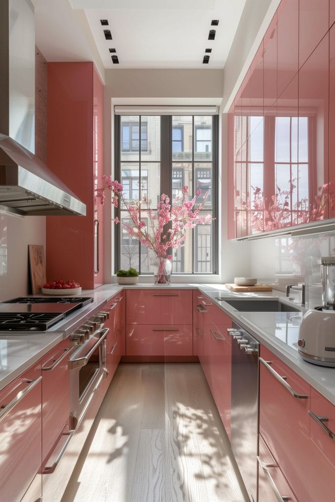 A sleek streamlined modern kitchen with pink cabinets, white countertops, and stainless-steel appliances. The design emphasizes clean lines.