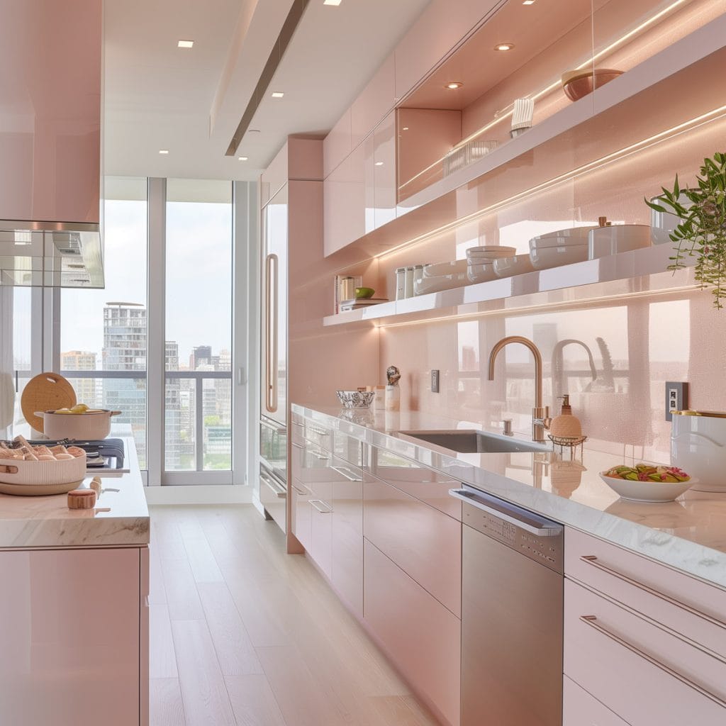 A sleek streamlined modern kitchen with pink cabinets, white countertops, and stainless-steel appliances. The design emphasizes clean lines and functionality with open shelving.