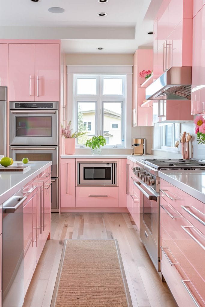 A sleek streamlined modern kitchen with pink cabinets, white countertops, and stainless-steel appliances. The design emphasizes clean lines.