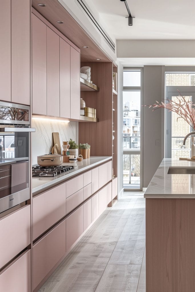 A sleek streamlined modern kitchen with pink cabinets, white countertops, and stainless-steel appliances. The design emphasizes clean lines and functionality with open shelving.