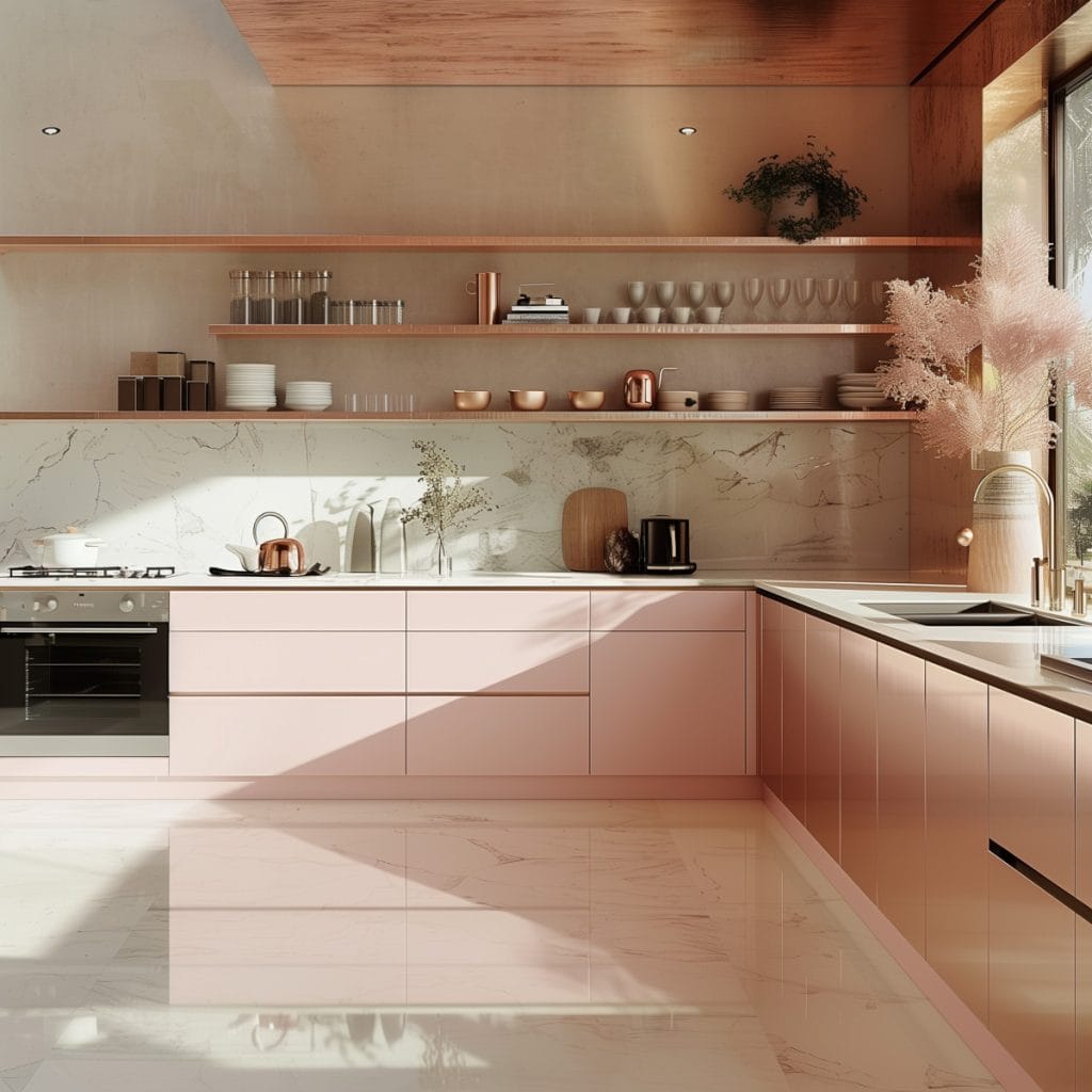 A sleek streamlined modern kitchen with pink cabinets, white countertops, and stainless-steel appliances. The design emphasizes clean lines and functionality with open shelving.