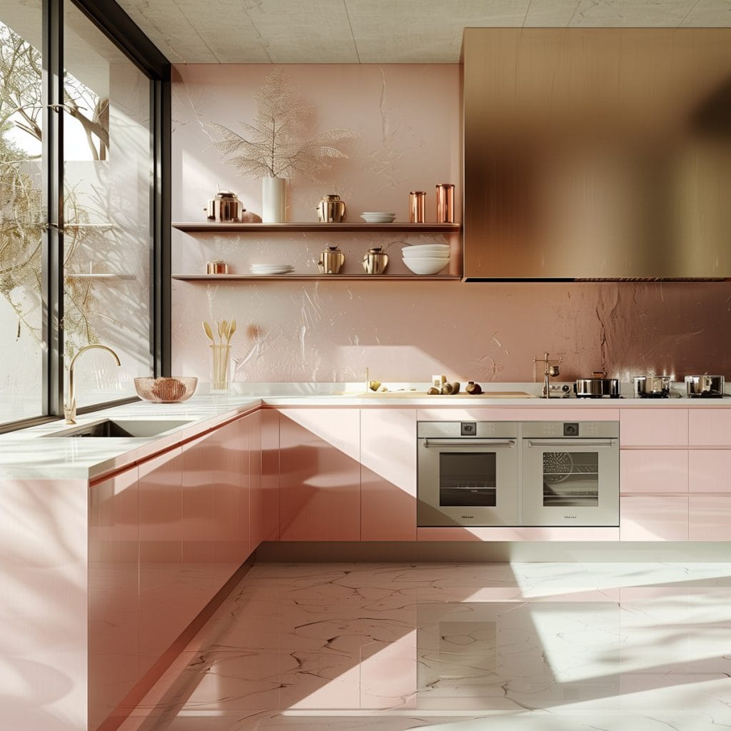 A sleek streamlined modern kitchen with pink cabinets, white countertops, and stainless-steel appliances. The design emphasizes clean lines and functionality with open shelving.