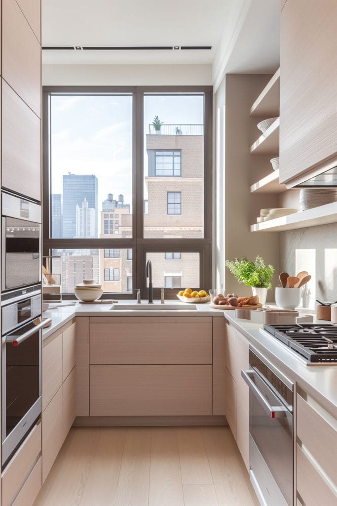 A sleek streamlined modern kitchen with pink cabinets, white countertops, and stainless-steel appliances. The design emphasizes clean lines and functionality with open shelving.