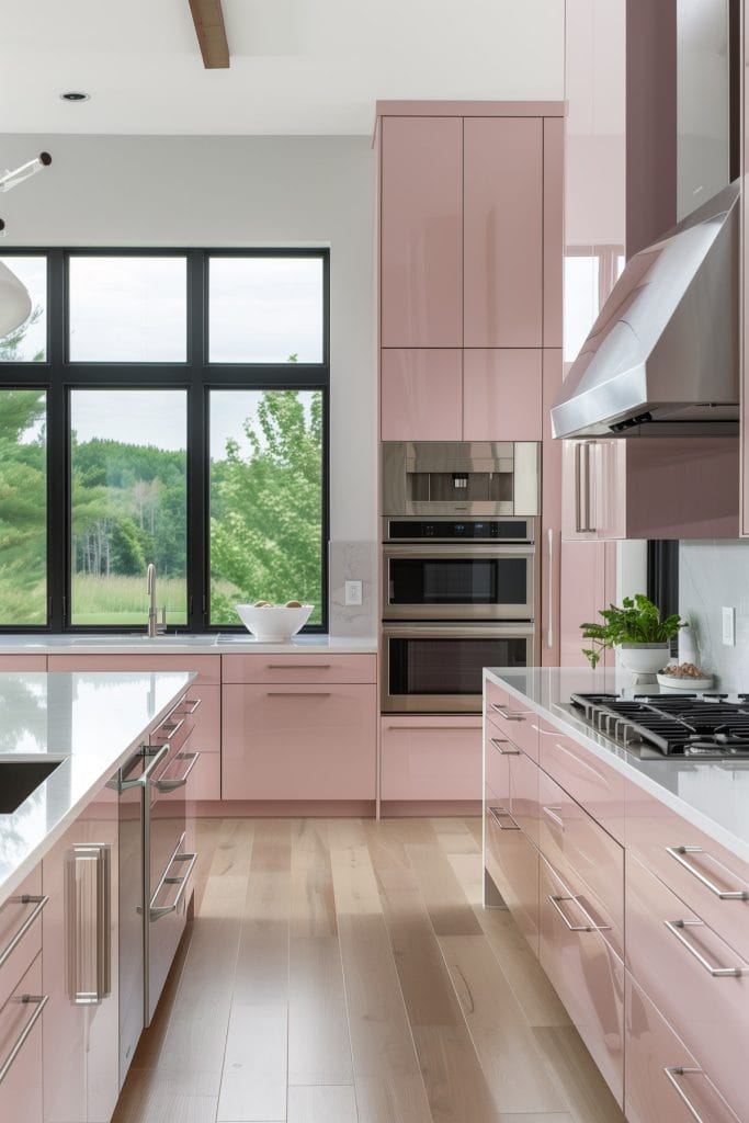 A sleek streamlined modern kitchen with pink cabinets, white countertops, and stainless-steel appliances. The design emphasizes clean lines.