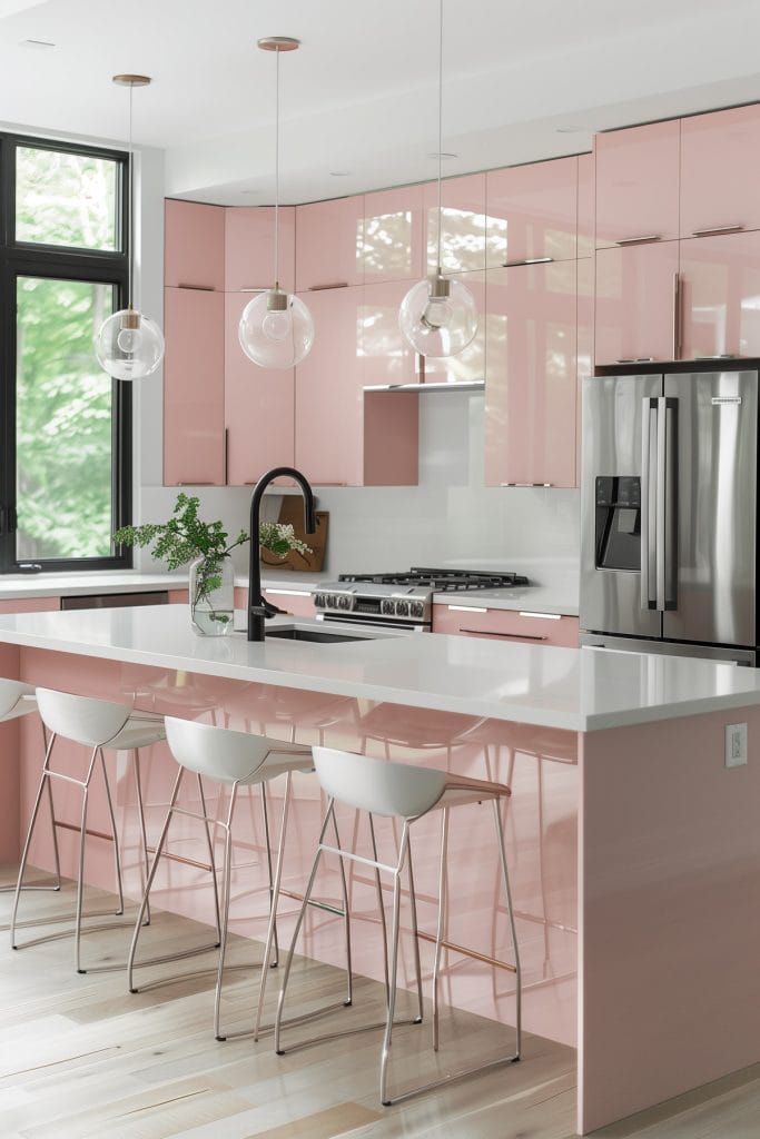 A sleek streamlined modern kitchen with pink cabinets, white countertops, and stainless-steel appliances. The design emphasizes clean lines and functionality with open shelving.