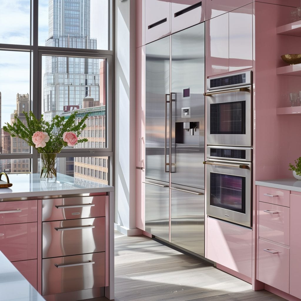 A sleek streamlined modern kitchen with pink cabinets, white countertops, and stainless-steel appliances. The design emphasizes clean lines and functionality with open shelving.