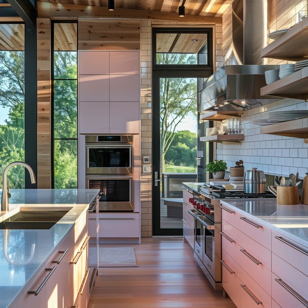 A sleek streamlined modern kitchen with pink cabinets, white countertops, and stainless-steel appliances. The design emphasizes clean lines and functionality with open shelving.