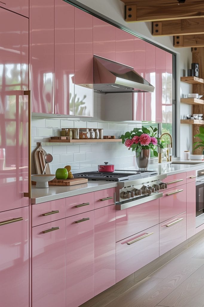 A sleek streamlined modern kitchen with pink cabinets, white countertops, and stainless-steel appliances. The design emphasizes clean lines and functionality with open shelving.