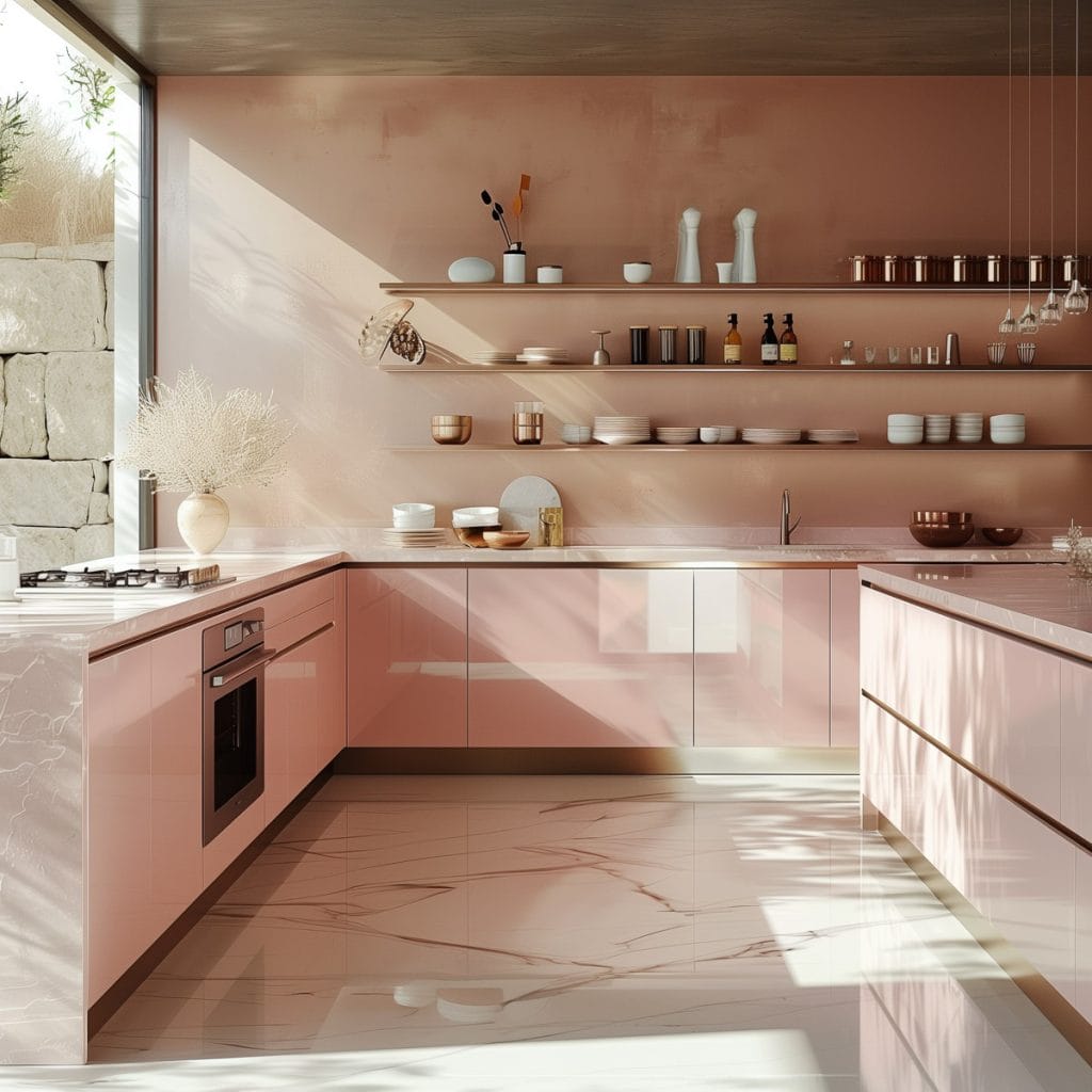 A sleek streamlined modern kitchen with pink cabinets, white countertops, and stainless-steel appliances. The design emphasizes clean lines and functionality with open shelving.