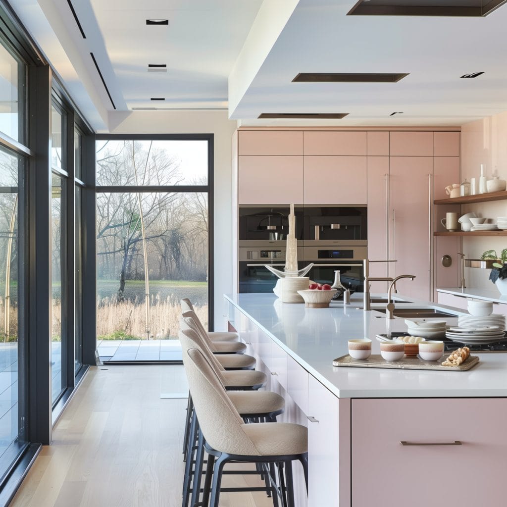 A sleek streamlined modern kitchen with pink cabinets, white countertops, and stainless-steel appliances. The design emphasizes clean lines and functionality with open shelving.