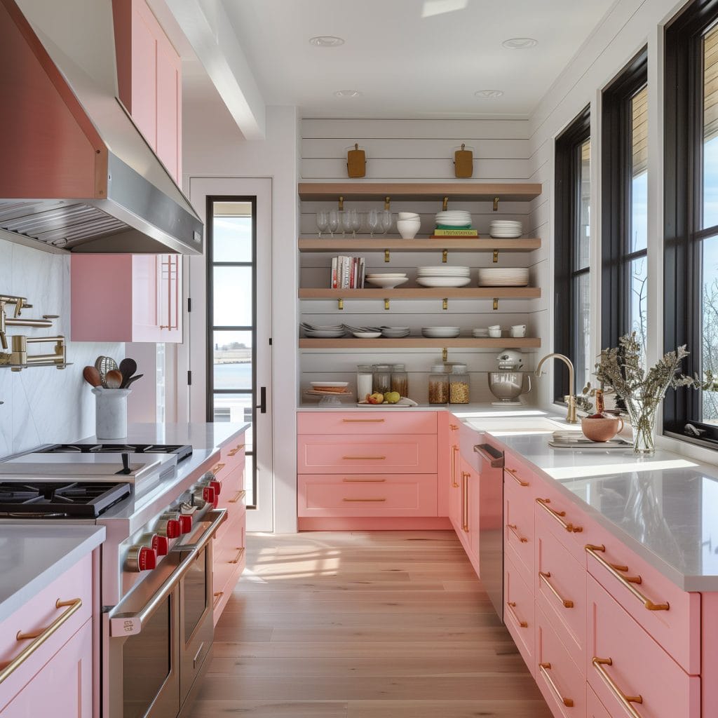 A sleek streamlined modern kitchen with pink cabinets, white countertops, and stainless-steel appliances. The design emphasizes clean lines and functionality with open shelving.