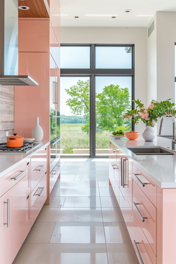 A sleek streamlined modern kitchen with pink cabinets, white countertops, and stainless-steel appliances. The design emphasizes clean lines.