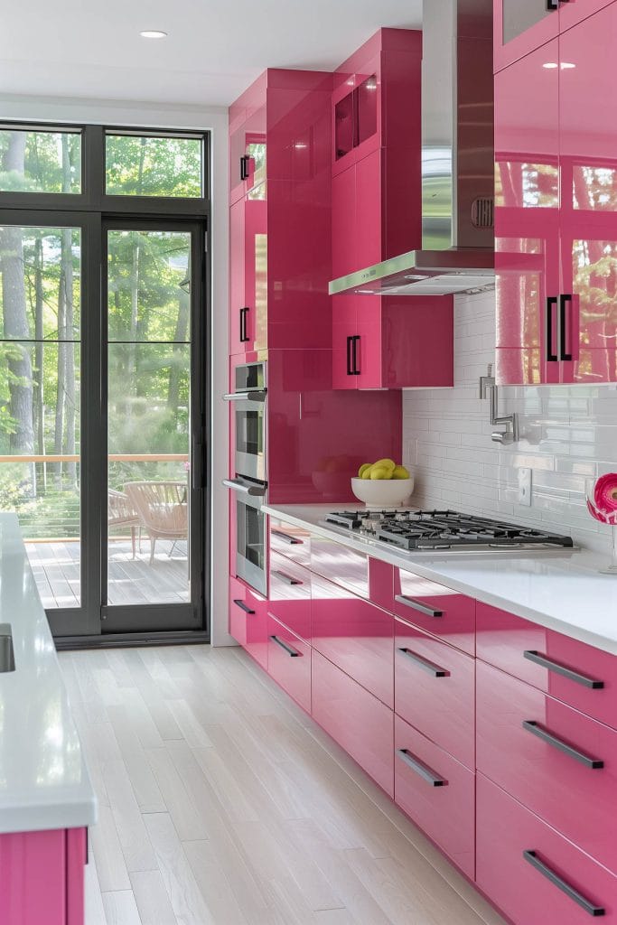 A sleek streamlined modern kitchen with pink cabinets, white countertops, and stainless-steel appliances. The design emphasizes clean lines.