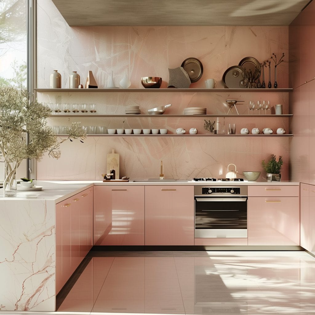 A sleek streamlined modern kitchen with pink cabinets, white countertops, and stainless-steel appliances. The design emphasizes clean lines and functionality with open shelving.