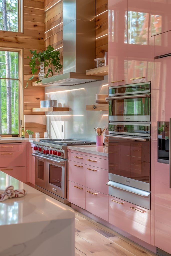 A sleek streamlined modern kitchen with pink cabinets, white countertops, and stainless-steel appliances. The design emphasizes clean lines and functionality with open shelving.