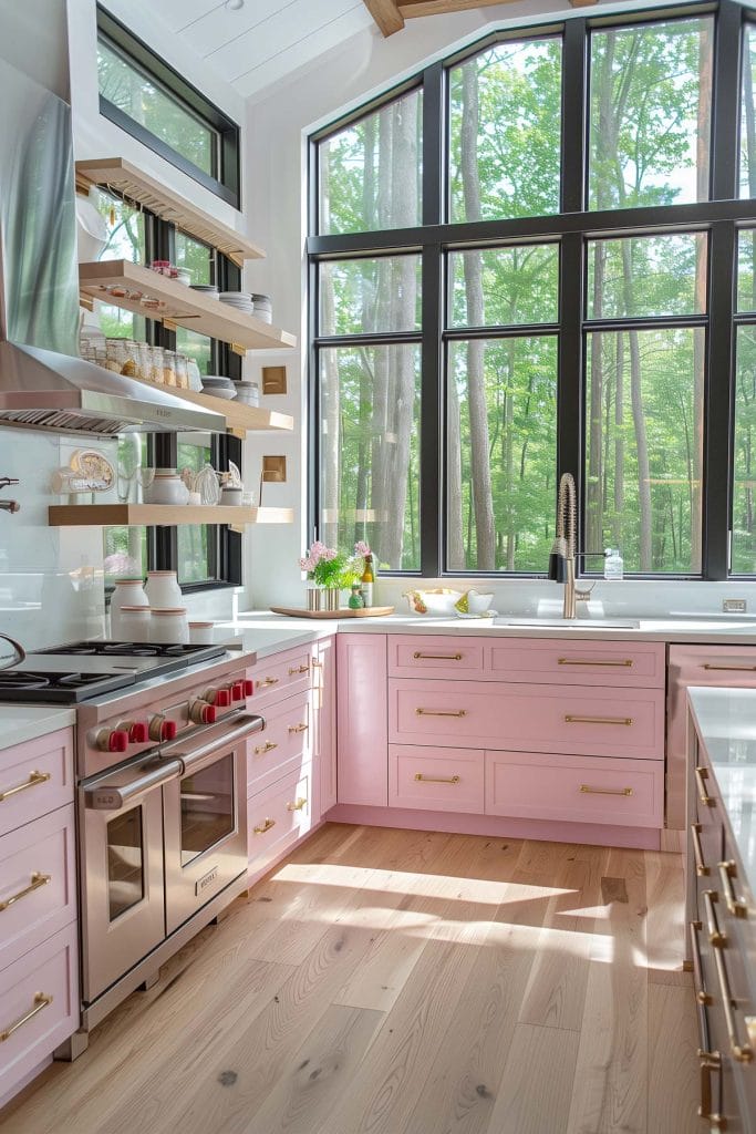 A sleek streamlined modern kitchen with pink cabinets, white countertops, and stainless-steel appliances. The design emphasizes clean lines and functionality with open shelving.