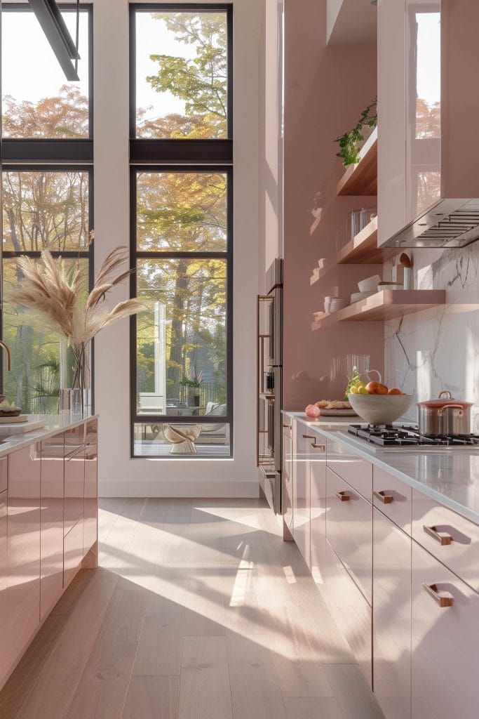 A sleek streamlined modern kitchen with pink cabinets, white countertops, and stainless-steel appliances. The design emphasizes clean lines and functionality with open shelving.