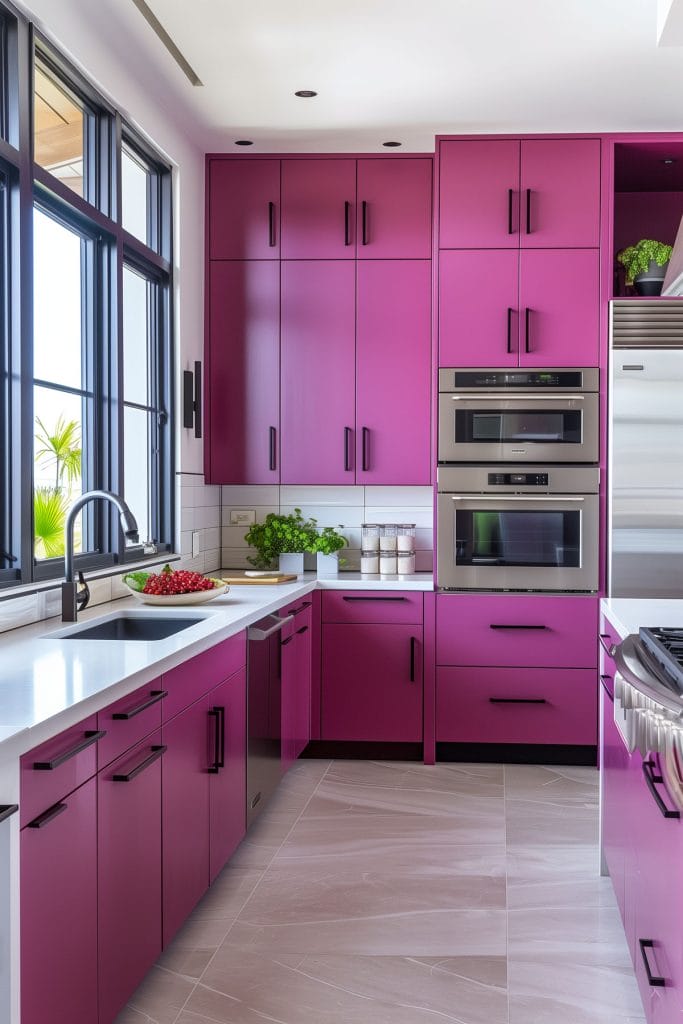 A sleek streamlined modern kitchen with pink cabinets, white countertops, and stainless-steel appliances. The design emphasizes clean lines and functionality with open shelving.