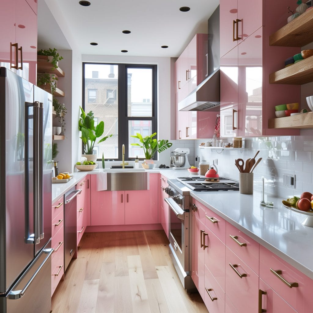 A sleek streamlined modern kitchen with pink cabinets, white countertops, and stainless-steel appliances. The design emphasizes clean lines and functionality with open shelving.