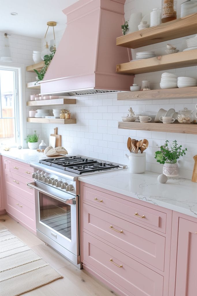 A sleek streamlined modern kitchen with pink cabinets, white countertops, and stainless-steel appliances. The design emphasizes clean lines and functionality with open shelving.