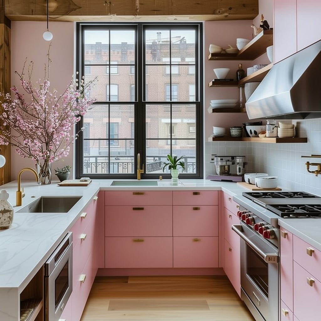 A sleek streamlined modern kitchen with pink cabinets, white countertops, and stainless-steel appliances. The design emphasizes clean lines and functionality with open shelving.