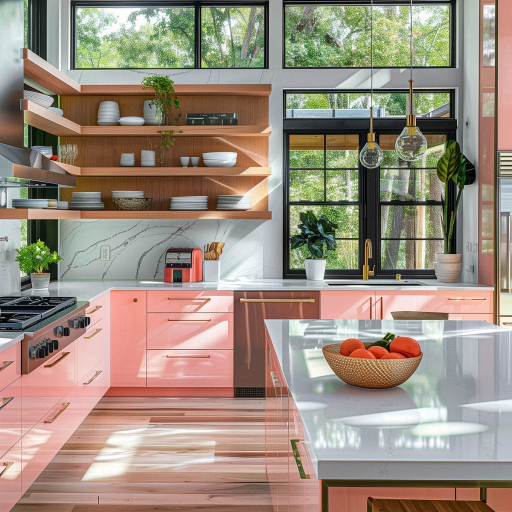 A sleek streamlined modern kitchen with pink cabinets, white countertops, and stainless-steel appliances. The design emphasizes clean lines and functionality with open shelving.