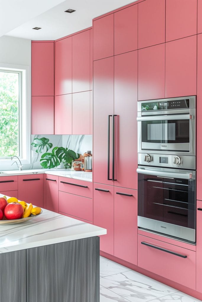 A sleek streamlined modern kitchen with pink cabinets, white countertops, and stainless-steel appliances. The design emphasizes clean lines.