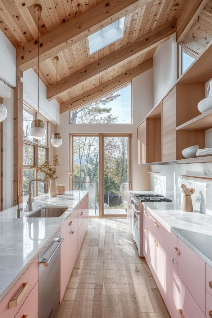 A sleek streamlined modern kitchen with pink cabinets, white countertops, and stainless-steel appliances. The design emphasizes clean lines and functionality with open shelving.