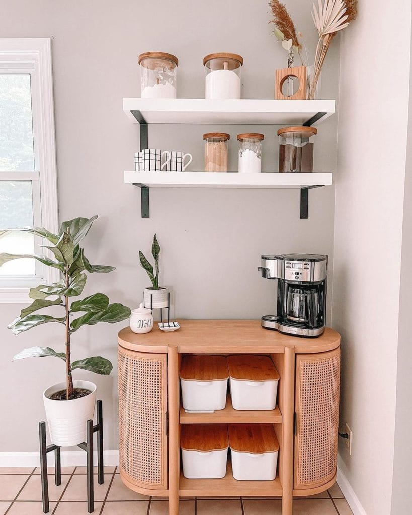 Coffee bar combining warm wood tones and modern decor elements.