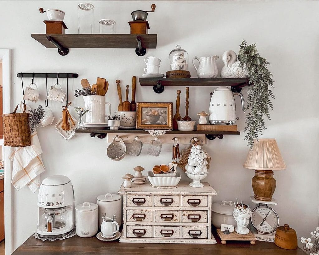 Farmhouse-style coffee bar with vintage and rustic elements.